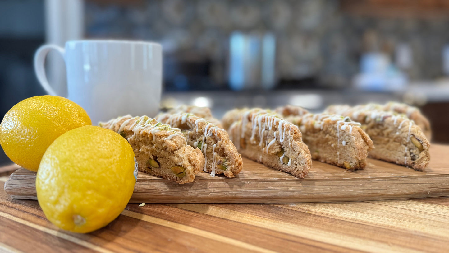 Lemon Pistachio Biscotti with White Chocolate Drizzle