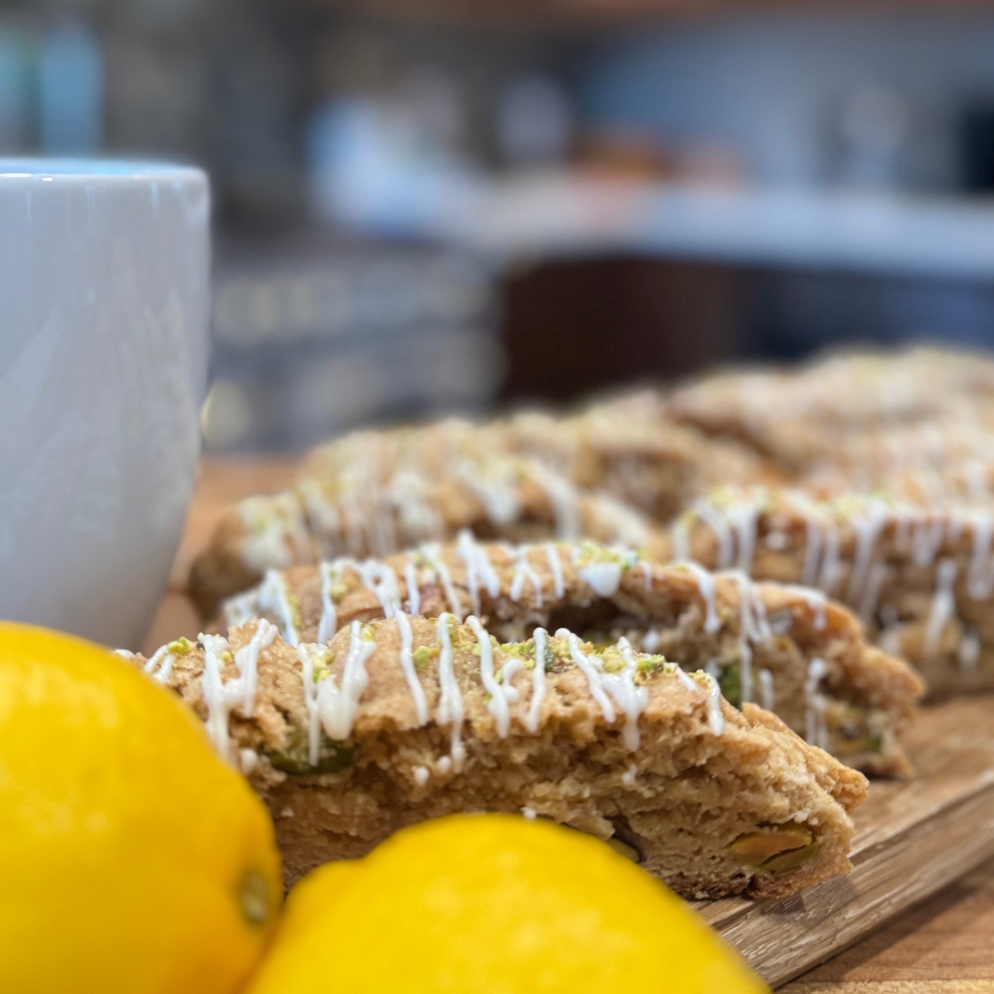 Lemon Pistachio Biscotti with White Chocolate Drizzle